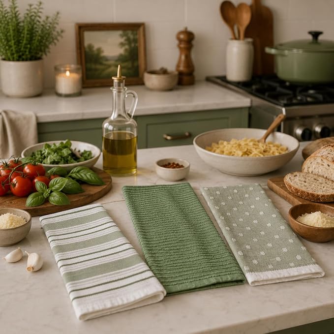 Sage Green Striped Kitchen Hand Dish Towels, Set of 3, 100% Cotton, 16x26 | Striped Solid Polka Dot Design, Soft Absorbent Cleaning Drying Cloth, Multipurpose for Everyday Use