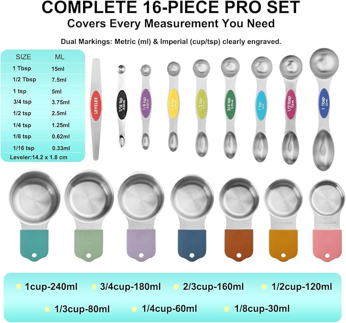 Magnetic Measuring Cups and Spoons Set of 16, 7 Stainless Steel Measuring Cups, 8 Double-Sided Measuring Spoons with 1 Leveler, Color Coded Handles, Dual Markings for Dry and Liquid Ingredients