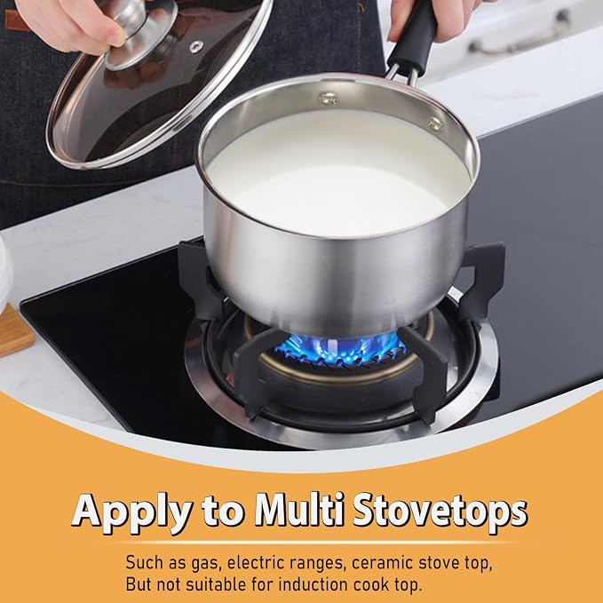 P&P CHEF 3 Quart Sauce Pan With Lid, Small Pot Saucepan for Milk, 1 Pc | Stainless Steel Saucepan, Small Sauce Pot for Cooking, Visible Glass Lid & Bakelite Heat-Proof Handles,Dishwasher Safe