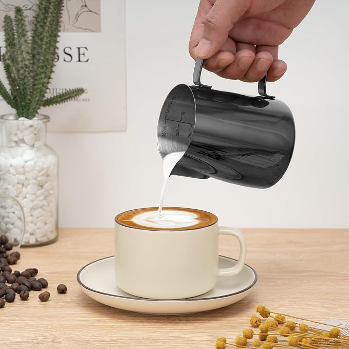 Amrules Milk Frothing Pitcher 12oz Frother Cup Barista Tools, Bright Black | 18/8 Stainless Steel, 12oz Capacity with Clear Scale, with Decorating Pen, Ergonomic Handle, for Cappuccino, Latte & Espresso