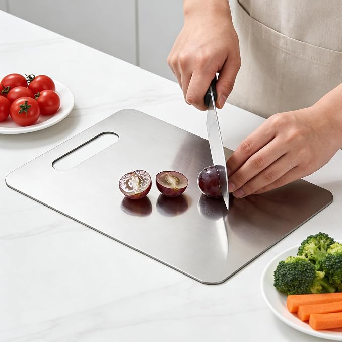3-Piece 304 Stainless Steel Cutting Board Set (1mm Thick) – S:9.5"x6", M:11.8"x7.8", L:13"x9" Reversible Boards with Handle for Kitchen, Home & Outdoor Use