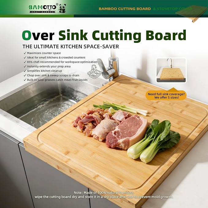 BAMOTTO CRAFTBAMBOO 20 x 22 Inch Bamboo Cutting Board, Stovetop Cover | Detachable Legs | Detachable Non-Slip Front Lip | Over-the-Sink Board | Reversible Dual Juice Grooves | Kitchen Noodle Board