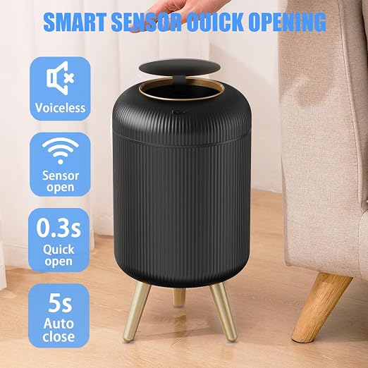 URALFA Motion Sensor Trash Can Bathroom, 3 Gal Automatic Trash Can with Lid | Touchless Sensor Garbage Can with Removable Legs, Smart Waterproof Trash Bin for Bedroom, Office, Restroom, Black and Gold