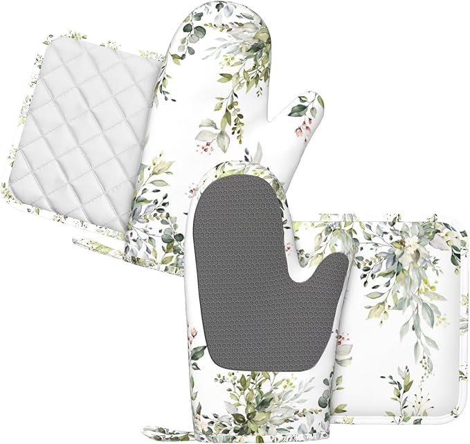 Sage Green Eucalyptus Oven Mitts and Pot Holders Sets Silicone Watercolor Butterfly Leaves Kitchen Mitts Potholders Heat Resistant 4Pcs Oven Gloves Hot Pads for Kitchen Baking Cooking