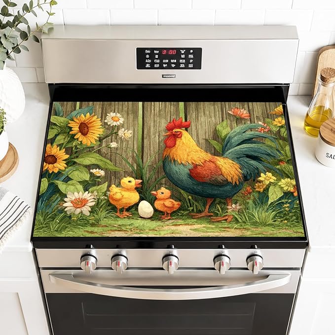 Farmhouse Rooster Stove Top Cover 28.35x20.47 in Non Slip | Heat Resistant Cooktop Protector Mat with Non-Slip Backing, Scratch Protection and Countertop Drying Mat.