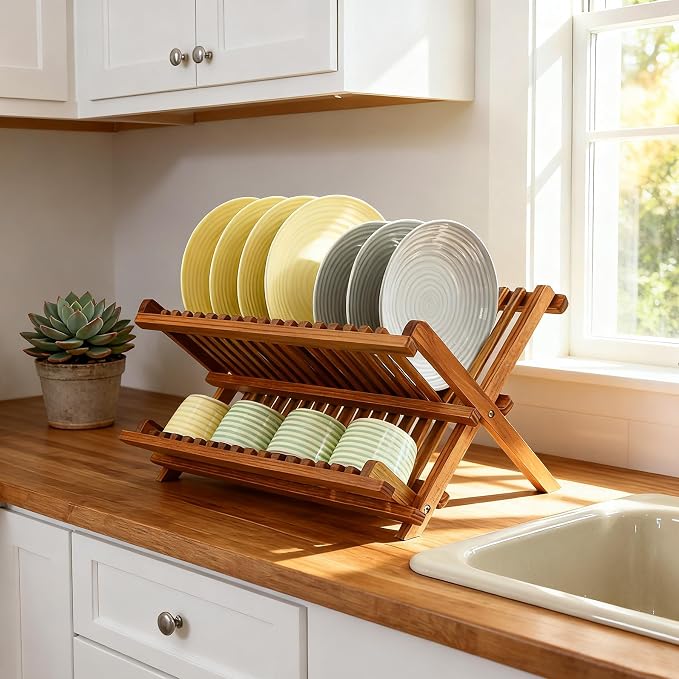 Utoplike Teak Wood Dish Drying Rack, Foldable Plate Organizer Countertop | Dishes Drainer Racks Collapsible, Small Holder for Cups, Bowls, Pans, Pots, Compact Kitchen Counter, 2 Tier, Space Saving