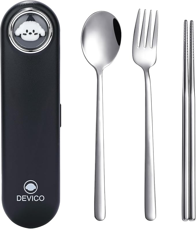 DEVICO Travel Utensils with Case Cute, Reusable Silverware for Lunch, 4Pcs Portable Cutlery Set, 18/8 Stainless Steel Fork Spoon Chopsticks in Cartoon Case, Dishwasher Safe (Black)