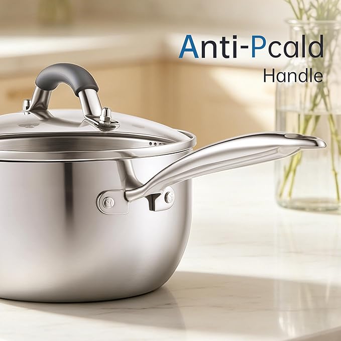Tri-Ply Stainless Steel Sauce Pan, 2.5 Qt Saucepan with Steamer | Non-Toxic, Dual Pour Spouts, Measurement Mark, Anti-Scald Handle, Compatible All Cooktops, Oven Safe 500°F, Dishwasher Safe