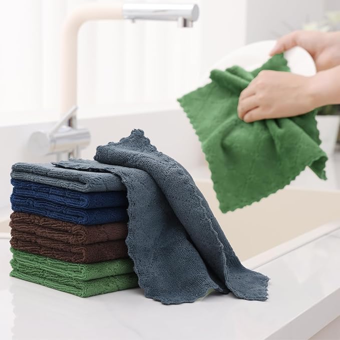 Homaxy 12 Pack Super Soft & Absorbent Coral Velvet Dish Cloths, 10" x 10" | Navy Blue/Dark Grey/Brown/Grass Green, Nonstick Oil Fast Drying Microfiber Cleaning Cloth, No Lint Household Dishcloths