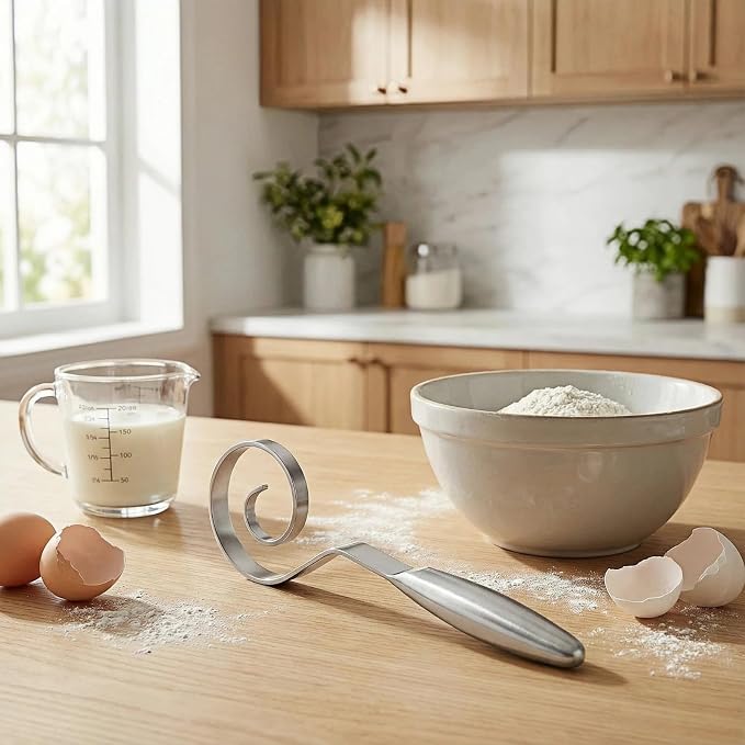 Maxjoy Danish Dough Whisk, Seamless Stainless Steel Sourdough & Bread Tool | Dutch Dough Hook, Replaces Mixer Spoon & Stick, Food Grade & Rust Resistant, Easy Clean & Dishwasher Safe, Baking Stirrer