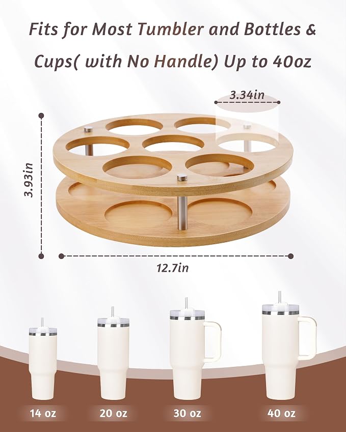 2Pack Rotating Wood Tumbler Organizer, 30 oz 40 oz Spinning Turnable Tumblers Holder, 360° Rotatable 7 Large Cups Bottle Tumbler Storage Display Stand, Rotate Syrup Organizer for Cabinet Countertop