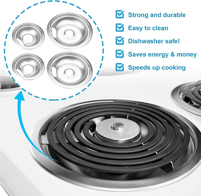 Chrome Steel Stove Drip Pans for Whirlpool Maytag Kenmore 4-Pack | Includes 2 x 6" and 2 x 8" chrome steel drip pans replacing W10196405, W10196406 and W10278125