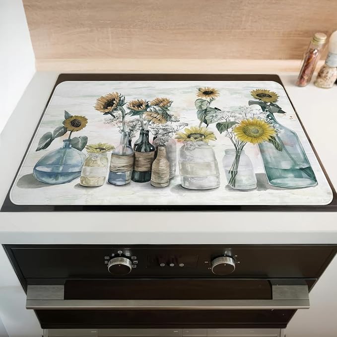 Sunflower Stove Top Cover for Electric Stoves,Spring Summer Floral Colorful Farmhouse Stove Top Cover Heat Resistant Cooktop Protector Non-Slip Washable Dish Drying Mat for Kitchen Decor 28"x20"