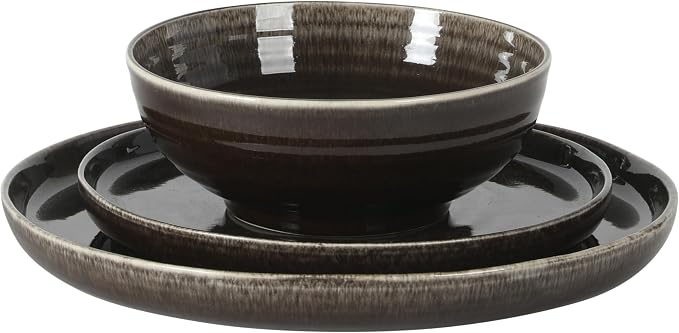 Gibson Elite Eclipse Swirls Plates and Bowls Sets, 12-Piece Stoneware Dinnerware Sets, Reactive Glaze Dish Set - Black