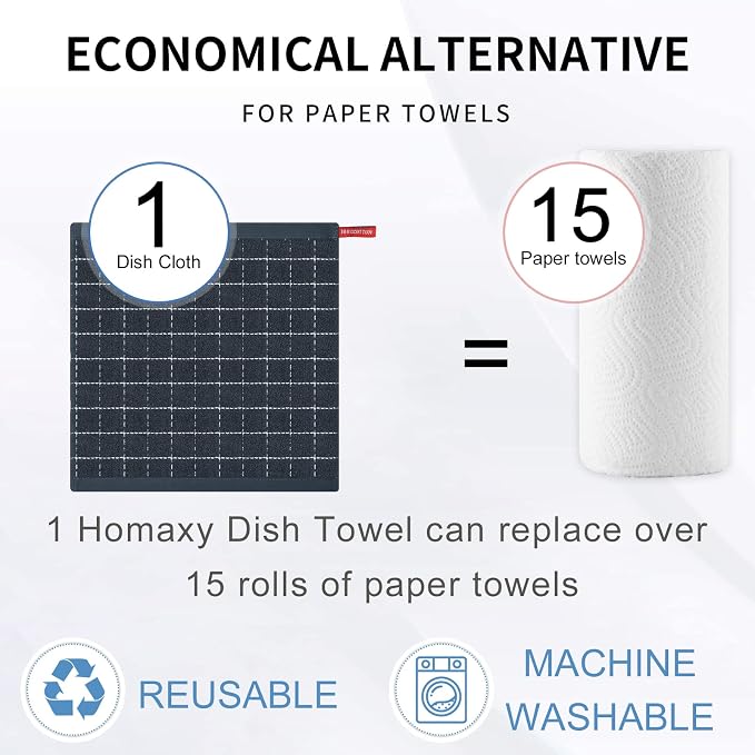 Homaxy 100% Cotton Terry Kitchen Dish Cloths, 6 Pack, Dark Grey | Ultra Soft and Absorbent, Suitable for Drying and Washing Dishes