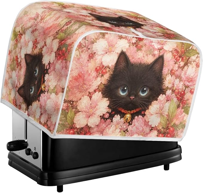 Black Cat Print Toaster Oven Dust Cover 2 Slice Cherry Blossom Print Bread Maker Cover Decorative Small Kitchen Appliance Covers for Kitchen Counter