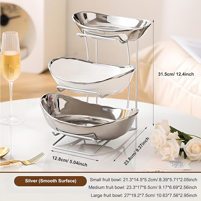 Gold Silver Fruit Bowl with Metal Stand, 3 Tier Ceramic White Fruit Bowl Fruit Rack for Kitchen Counter, Tiered Fruit Basket for Snacks Bread Candy Storage (Silver (Smooth Surface))