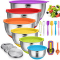 Wildone Mixing Bowls with Airtight Lids, Stainless Steel Mixing Bowls Set | Metal Bowls with 3 Grater Attachments & Non-Slip Bottom, Size 5, 4, 3, 2,1.5, 0.63QT, Includes Utensil Set for Prep, Colored