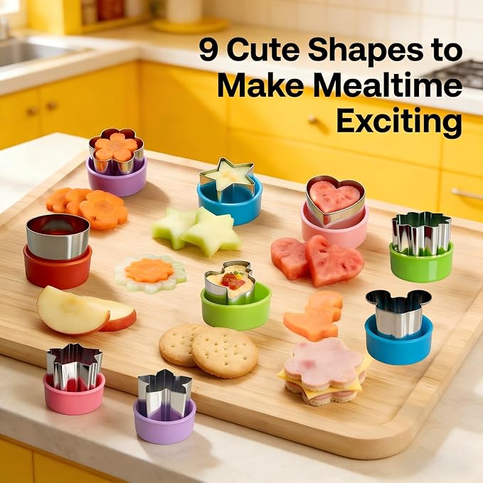 9 PCS 1.5 In Mini Fruit Vegetable Cookie Cutters Set for Kids | Stainless Steel Small Sandwich Food Cutter Shapes, Fun Shaped Tiny Dinosaur Heart Star Circle Flower for Lunch, Cheese & Clay