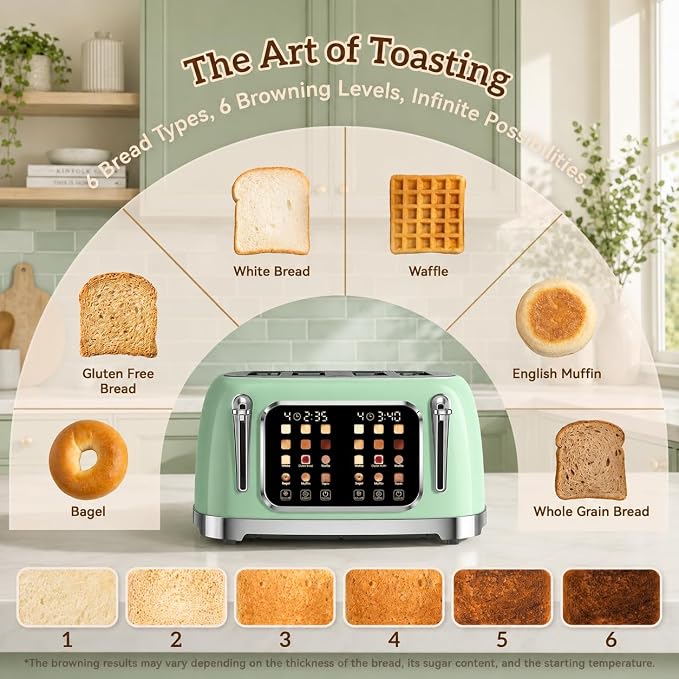 RONGBEST Retro Stainless Steel Toaster 4 Slice with Wide Slot Touch Screen, 6 Browning Levels for Breakfast Bagel & Bread, Reheat & Defrost, Removable Crumb Tray, Mint Green