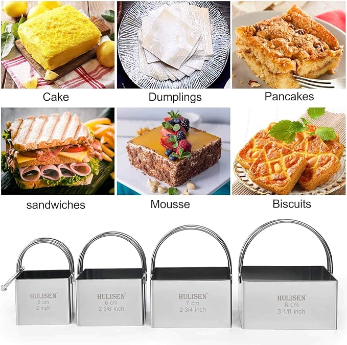 HULISEN Square Biscuit Cutter Set 4-Pc, Cookie Cutters with Handle | Stainless Steel, Dishwasher Safe, Etched inch/cm Markings, Gift-Ready Packaging, Ergonomic Arched Grip