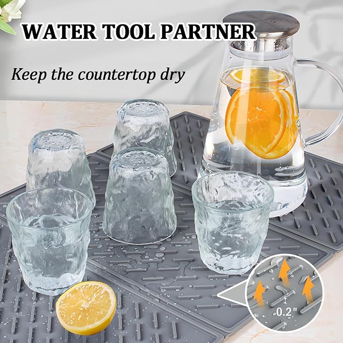 Collapsible Dish Drying Mat, Silicone Drying Mat for Kitchen Counter, Dish Drying Pad with Hook, 24x16in Non-Slip Silicone Dish Drying Mat, Easy to Clean (Translucent)
