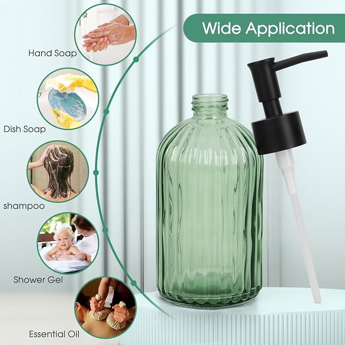 Topsky Glass Soap Dispenser with Black Plastic Pump, 400ml Army Green | Refillable Liquid Hand Soap Dispenser, Rustproof Pump for Kitchen & Bathroom, Great for Lotions, Essential Oil, Liquid Soaps