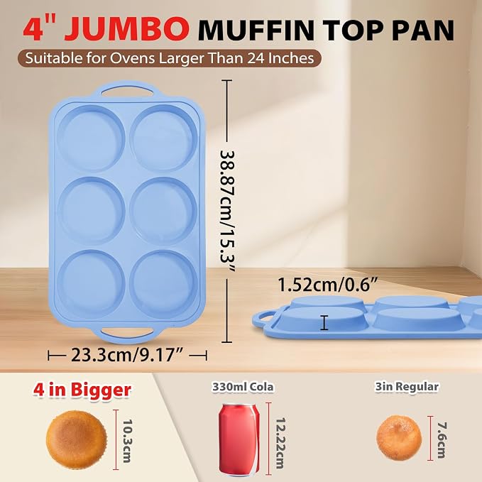 Nonstick Silicone Muffin Top Pan: 6-Cavity 4 Inch Jumbo Silicone Egg Mold | 2 Pcs with Metal Frame for Baking Breakfast Sandwich Hamburger Buns Whoopie Pie Egg Bites - Easy Clean Oven Safe Toeusog