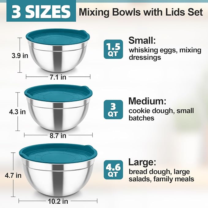 TeamFar Mixing Bowls, Stainless Steel Nesting Salad Bowls & Airtight Lids | For Serving/Mixing/Storing, Healthy & Heavy-duty, Dishwasher Safe & Easy Clean, 4.6/3 / 1.5 QT, Navy Blue