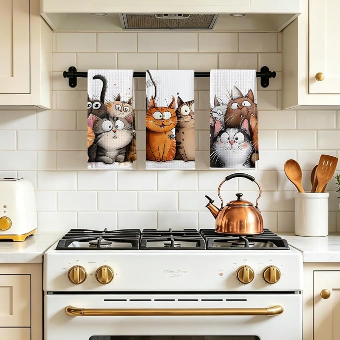 Jztco 3 Pcs Cute Cat Kitchen Towels, Cats Soft Absorbent Hand Tea Towel | Microfiber Dish Cloths for Drying Dishes, Waffle Dish Towels for Kitchen Home Bathroom Decor, Cat Lover Gifts for Women Mom