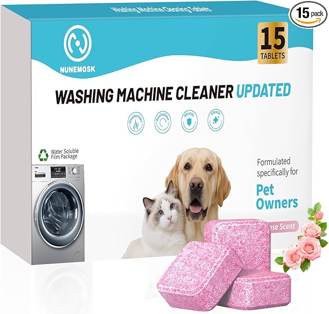 Washing Machine Cleaner,Formulated for Pet Owners,Pink 15 Pack | 1+Year Supply,Compatible with HE, Top & Front Load Washer,Septic Safe,Fresh Scent,Removes Residue,Remove Stubborn Pet Hair