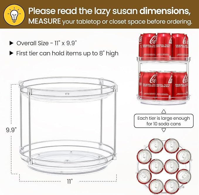 2 Tier Non-Skid Acrylic Lazy Susan Turntable Organizer - Rotating Spice Rack - Spinning Organization Tray for Kitchen, Pantry, Countertop, Closet, Bathroom, Vanity, Medicine Cabinet Organizing, 11''