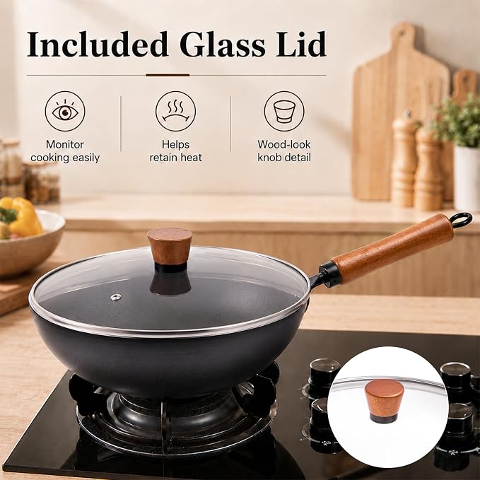 11" Round Bottom Carbon Steel Wok with Glass Lid, Traditional Chinese Stir Fry Pan for Gas Stove & Wok Ring, 3.2 QT Small Wok for 1–3 People, Uncoated, Wood Handle, Seasoning Required