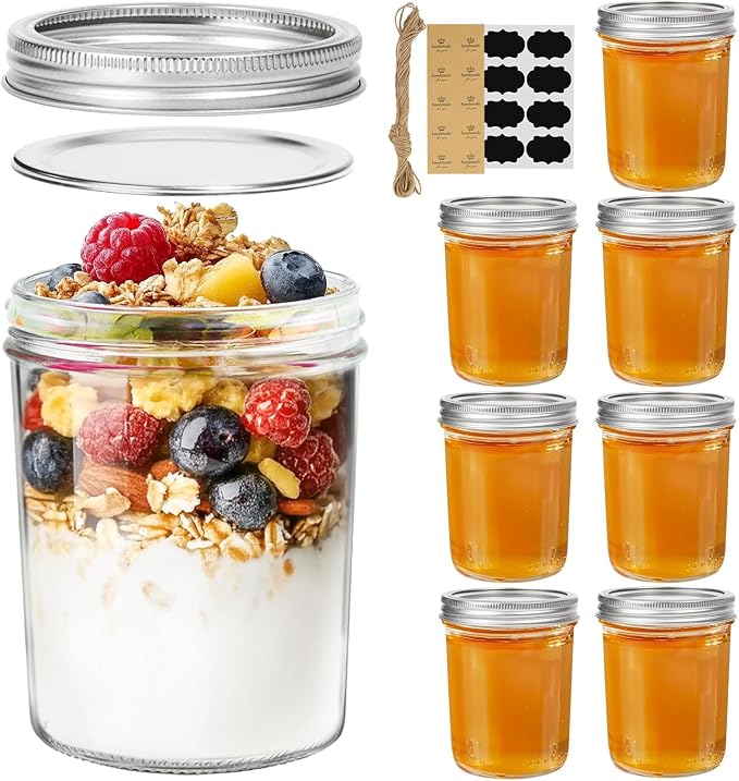 ComSaf 16 oz Wide Mouth Mason Jars Bulk Set, 8 Pack Jars with Lids | BPA-Free Materials, Clear Body, Salad Prep, Pickles, Overnight Oats, Honey, Candle Making, Wedding Favors