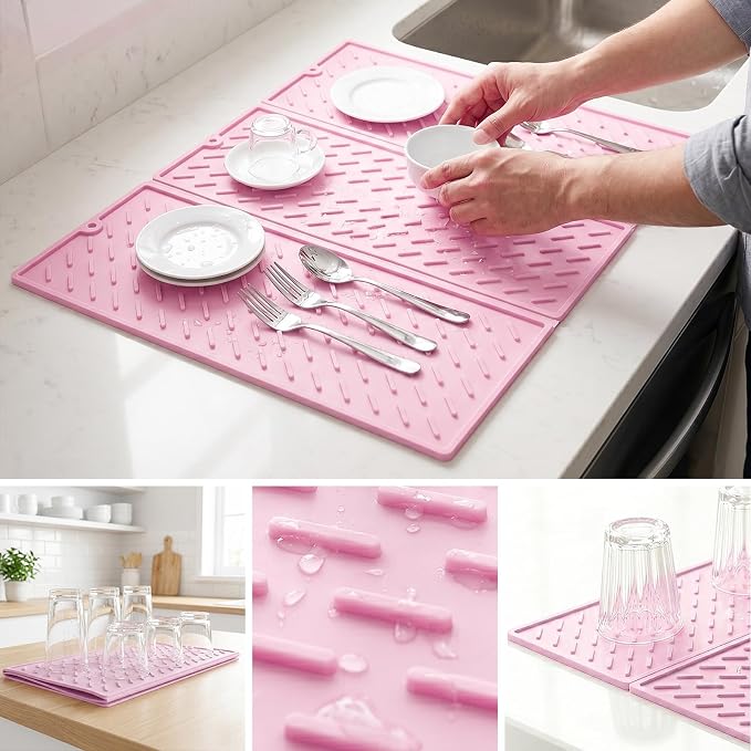 Pink Silicone Dish Drying Mat for Kitchen Counter, Collapsible Trifold Large Dish Drainer Mat, Drying Mat with Hook, 24x16In Non-Slip Silicone Sink Mat, Easy to Clean