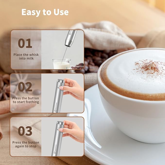 Maestri House LunaFro Rechargeable Milk Frother,Stand & 2 Detachable Whisks | 8000RPM Turbo Motor, 1200mAh lithium battery, Handheld Milk Frother for Lattes, Cappuccino, Matcha & Powdered Supplements