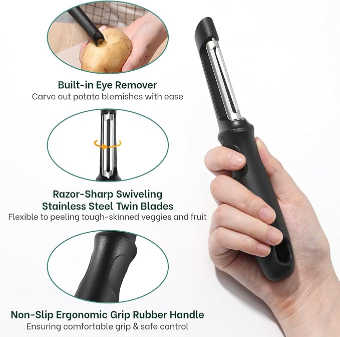 Beneno Swivel Vegetable Peeler, Premium Smooth Peeling Potato Peeler, Black | Razor-Sharp Stainless Steel Blade, Ergonomic Non-Slip Grip, Built-In Potato Eye Remover, Durable Design for Fruits & Veggies