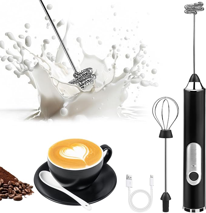 Milk Frother Handheld, Rechargeable Coffee Frother Wand, Drink Mixer, Black | Electric Foam Maker with 2 Stainless Whisks 3 Speeds, Hand Mixer for Lattes, Cappuccino, Matcha, Egg