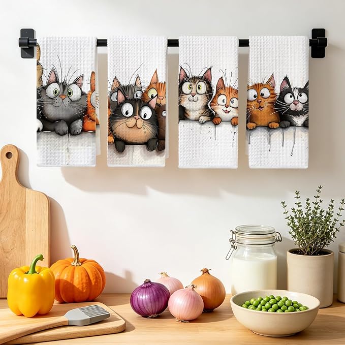 Jztco 4 Pcs Cute Cat Kitchen Towels, Funny Cats Absorbent Hand Tea Towel | Cats Dish Cloths for Drying Dishes, Waffle Dish Towels for Kitchen Bathroom Decor, Cat Lover Gifts for Women Mom