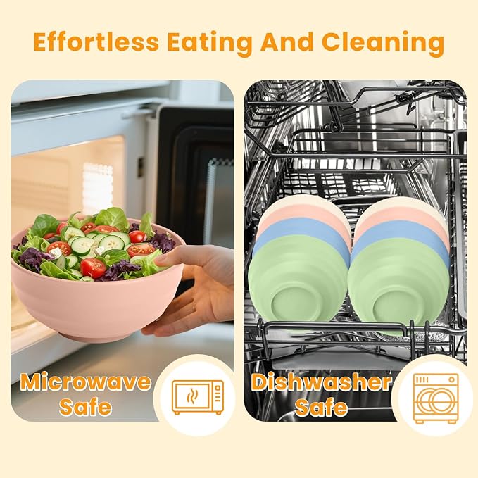 Large Wheat Straw Bowls 60oz Light Color Bowl Set of 8 - The Ultimate All-in-One Set for Salad, Soup, Cereal & Oatmeal, Microwave Safe & Unbreakable