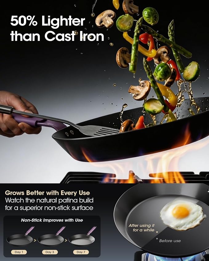 Carbon Steel Skillet 12 Inch, Nitrided Steel Frying Pan, Preseasoned Rust Resistant Large Cooking Pan with Ergonomic Handle & Removable Silicone Grip, Induction & Oven Safe | Natural Patina Development with No Chemical Coating; Spacious Cooking Surface...