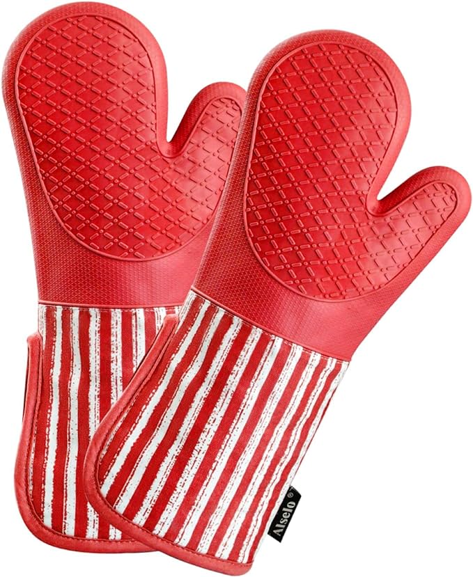 Alselo Silicone Oven Mitts Heat Resistant 932℉ with Waterproof & Non-Slip | Kitchen Mittens Set of 2,Extra Long 7.5"x15" Oven Gloves with Soft Cotton Terry Lining for Baking Cooking BBQ(Red,2)