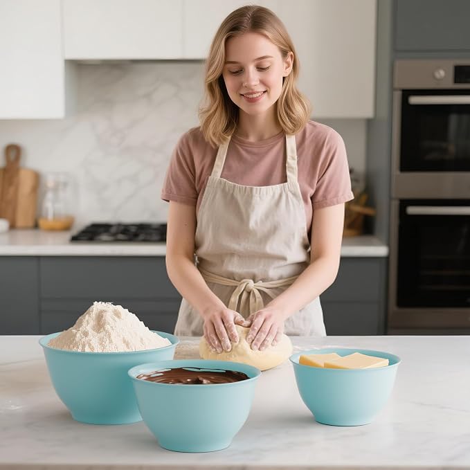 TP Melamine Mixing Bowl Set with Lids, Salad Bowl Set of 3, Glossy Teal | Nesting Design,Break-resistant,Pasta & Salad Prep, Baking Prep, Space-saving Storage, Freezer Safe, Dishwasher Safe
