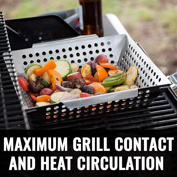 Grillaholics Grill Basket for Outdoor Grill - Durable Premium Stainless Steel Vegetable Grill Basket - XL Family Size BBQ Grill Basket - Perfect Grilling Accessories for Veggies, Fish, Shrimp & Kebabs | Family-Sized | Dishwasher Safe | Stainless Steel ...