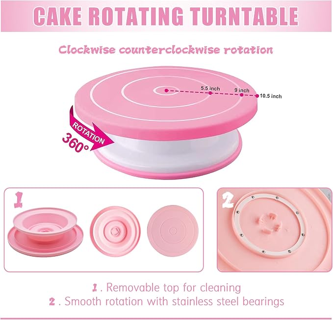 Cake Decorating Supplies Kit Tools 255pcs, Cake Decorating Set with Cake Turntable, 12 Numbered Icing Piping Tips, Cookie Cutters, Icing Smoother & Other Accessories for Cake Decoration (255, Pink)