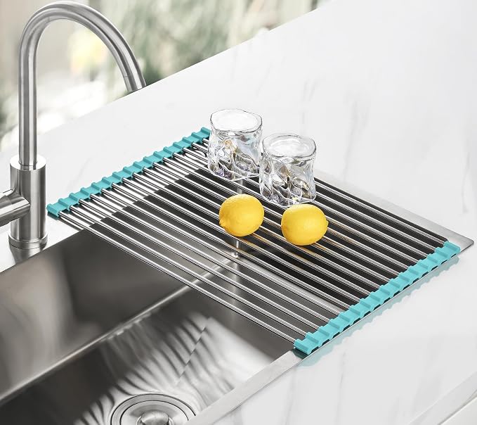 Tomorotec Roll Up Dish Drying Rack Over Sink, 304 Steel, 17.7x12.5, Green | Anti-Slip Silicone Rims For Grip, Heat-Resistant Trivet Mat Holding Heavy Cookware, Rustproof Kitchen Counter Space Saver