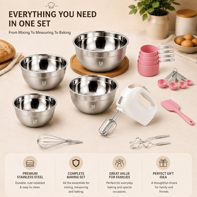 Showvigor Electric Hand Mixer with 5 Stainless Steel Whisks,5 Speed,White | Portable Kitchen Mixer Electric Whisk with 4 Stainless Steel Mixing Bowls, Measuring Cups, Spoons & Silicone Spatula