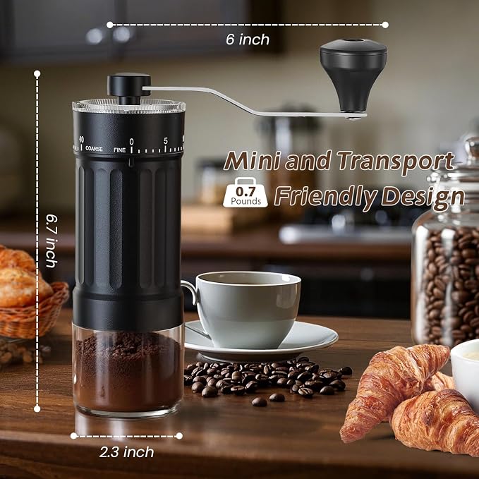 Manual Coffee Grinder, 40 External Grind Settings, Ceramic Conical Burr | Portable 30g hand-crank grinder with ceramic conical burr for espresso, pour over, French press, travel, camping & office