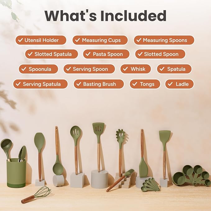 SMIRLY Silicone Kitchen Utensils Set, 22-Piece Acacia Wood Handle, Green | Cooking Utensils Set, Spatula Set with Utensils Holder, for Nonstick Cookware, for New Home & 1st Apartmen, BPA Free