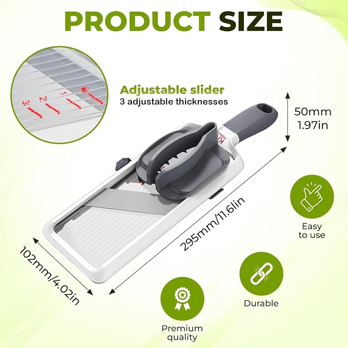 Mandoline Slicer for Kitchen – Adjustable Stainless Steel Blades, with Comfort Grip – Vegetable Slicer for Small to Medium sized Cucumber, Onion, Potato – Gray